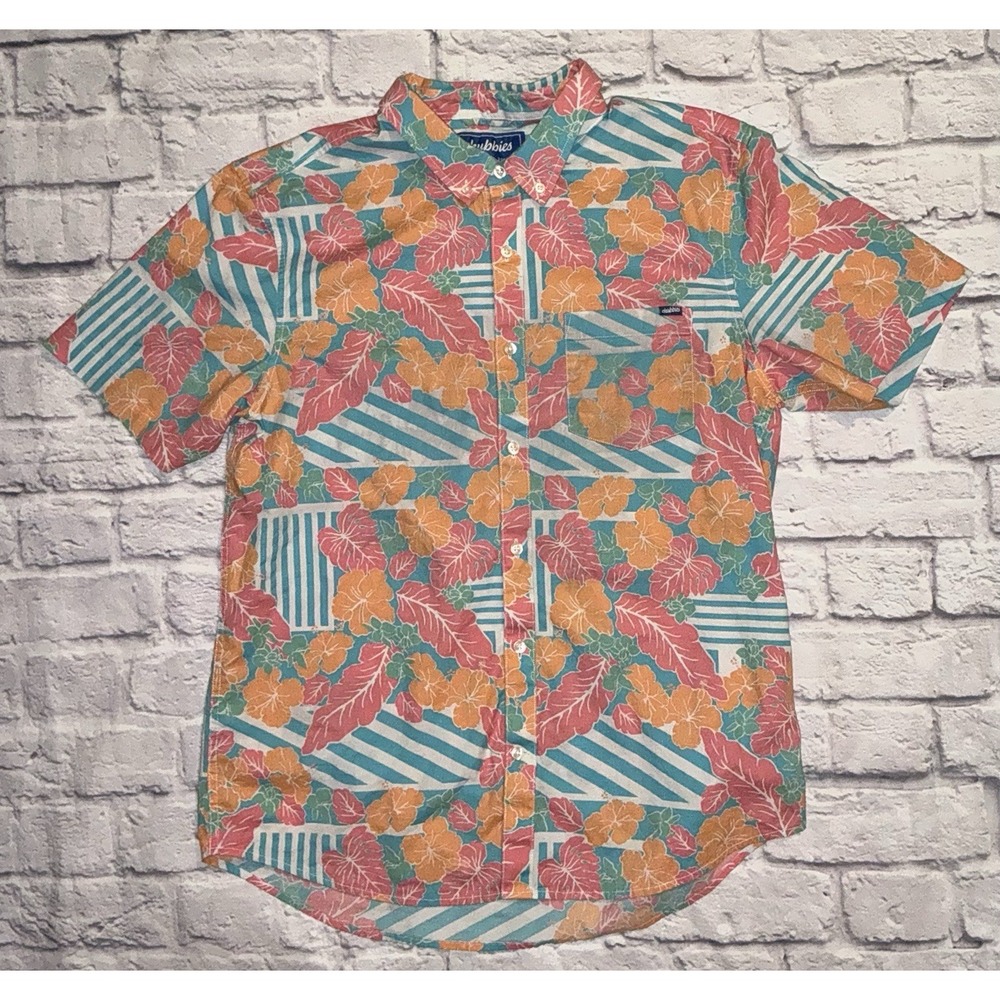 Chubbies Men's XL Hawaiian Shirt Floral Striped Short Sleeve Button‎ Up Pink